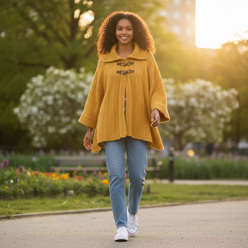 JM Collection Poncho Cardigan Women XL Mustard Yellow Buckle Layering Oversized